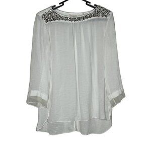Rebecca Taylor 3/4 Sleeve Jeweled Beaded Neckline White Back‎ Keyhole Size 2
